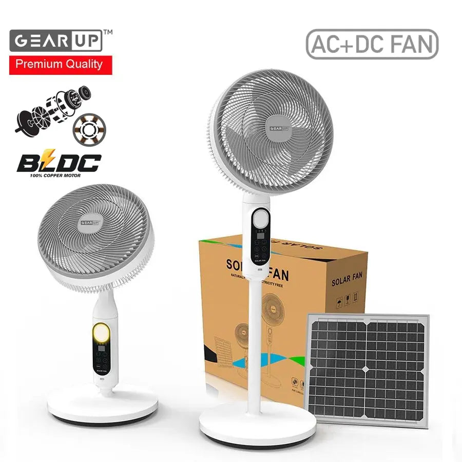 GearUP Premium Series Rechargeable BLDC Solar Stand Fan (AC+DC) - 25W Solar Panel Included